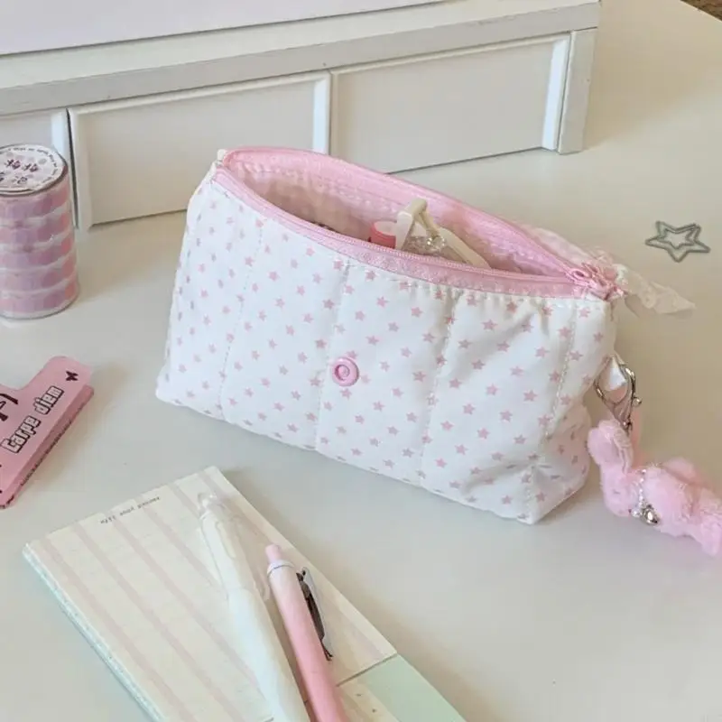 Rabbit Strawberry Print Pencil Case with Lace Trim and Heart Polyester Pen Organiser Storage for School 896C