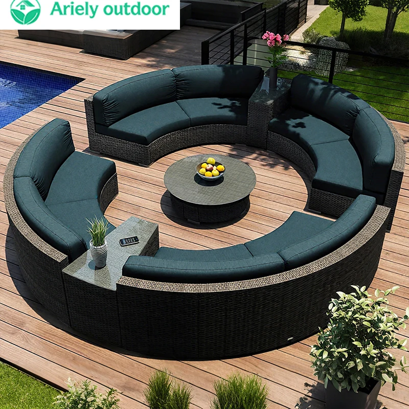 Outdoor Round Rattan Sofa Set Stay Garden Courtyard Curved Rattan Sofa Sectional For Home Outdoor Furniture Modern Patio Set