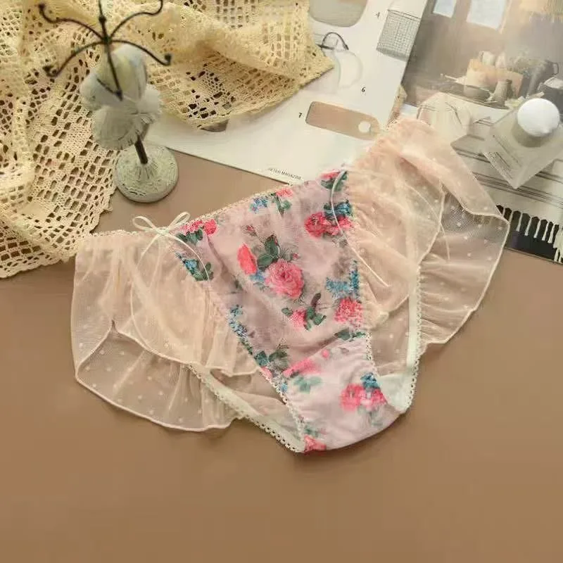 

Женское нижнее белье больших размеров, сексуальные кружевные дышащие женские трусы большого размера с рюшами 200 фунтов, шорты из сетчатой ткани с цветочным принтом