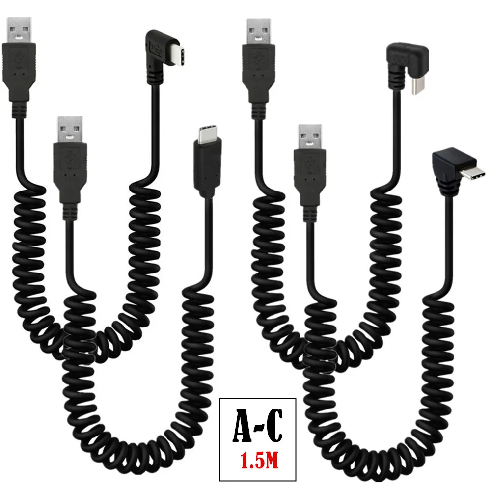 USB 2.0 Male to USB3.1 Type-c 90 Degree Angled Male Spring Coiled Data charging Cable