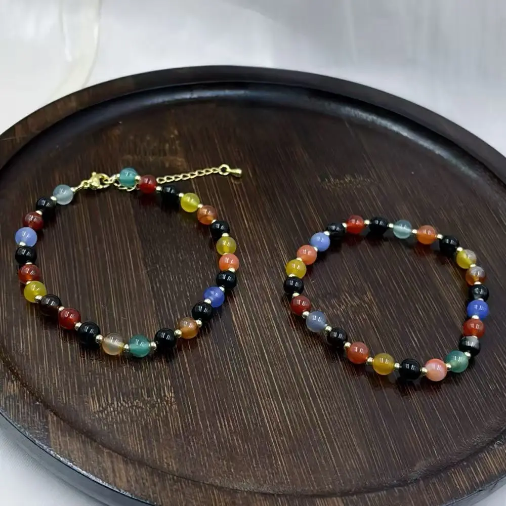 6mm Vintage Mixed Random Agate Natural Stone Round Beads Yoga Balance Lucky Jewelry Elastic Lobster Clasp Bracelet 7-9inch