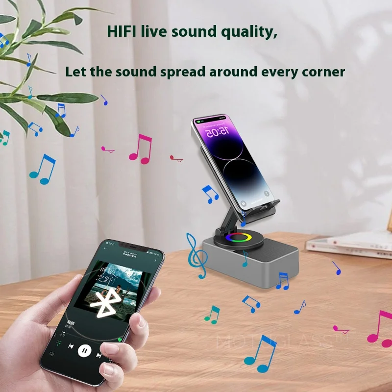 Desktop Live Streaming Phone Holder 360 Degree Rotating Adjustable Stand 3 in 1 with Bluetooth Speaker and Power Bank