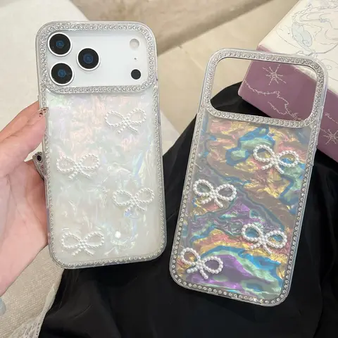 Luxury 3D Pearl Bow Bling Diamond Inlaid Phone Case For iPhone 17 17 Air 17 Pro Max Girly Aurora Laser Acrylic Shockproof Cover