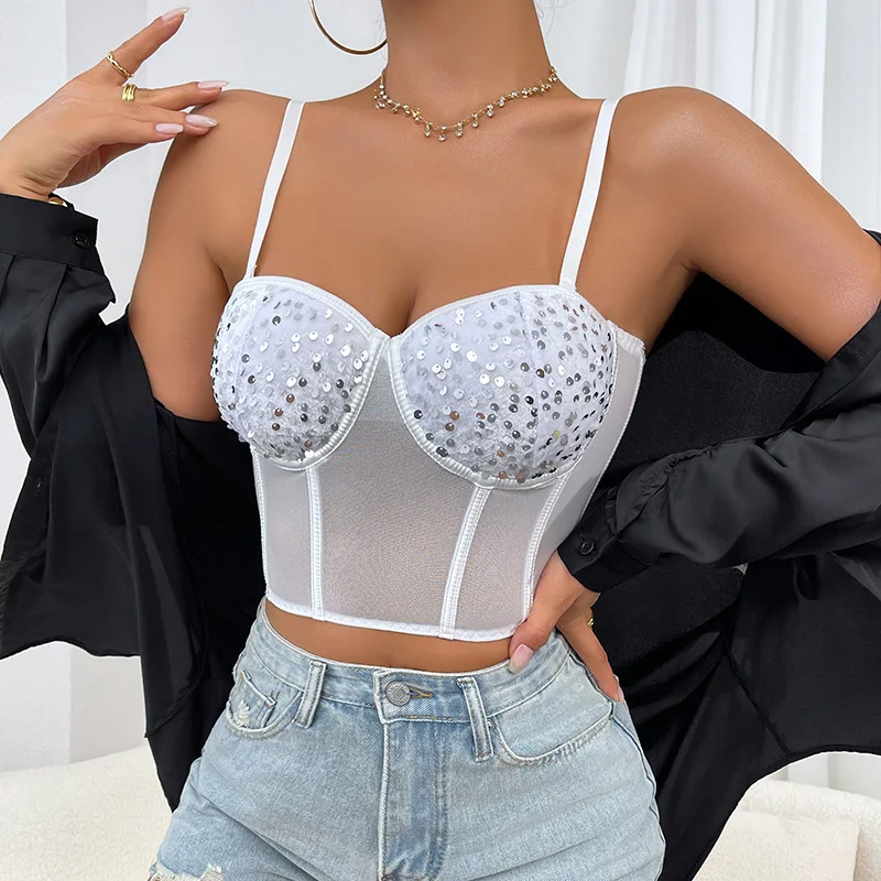 

New Sexy Mesh Breathable Underwire Fishbone Sequin Bra with Cup Pads Low-Cut Slimming Camisole
