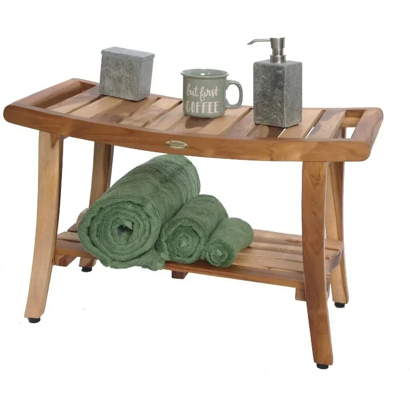 Teak Shower Bench 30" Long Natural Wood Shower Bench with Shelf and LiftAide Arms Shower Stool in Earthy Teak