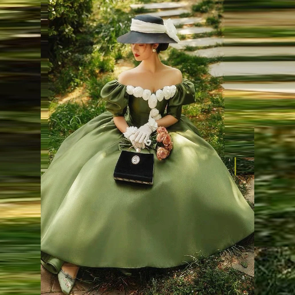 

Dark Green Off The Shoulder Prom Dresses 3D Flowers Puffy Short Sleeves Evening Gowns Women Formal Occasion Party Dress