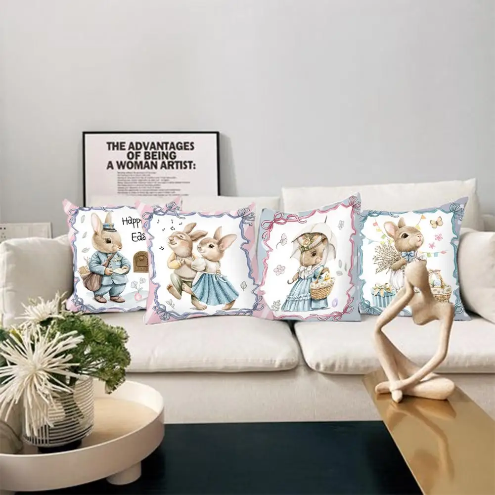 Easter Bunny Spring Pillow Cover Wear Resistant Pillowcase Decoration Soft Square Cushion Cover Non-Fading Bedroom Pillowslip