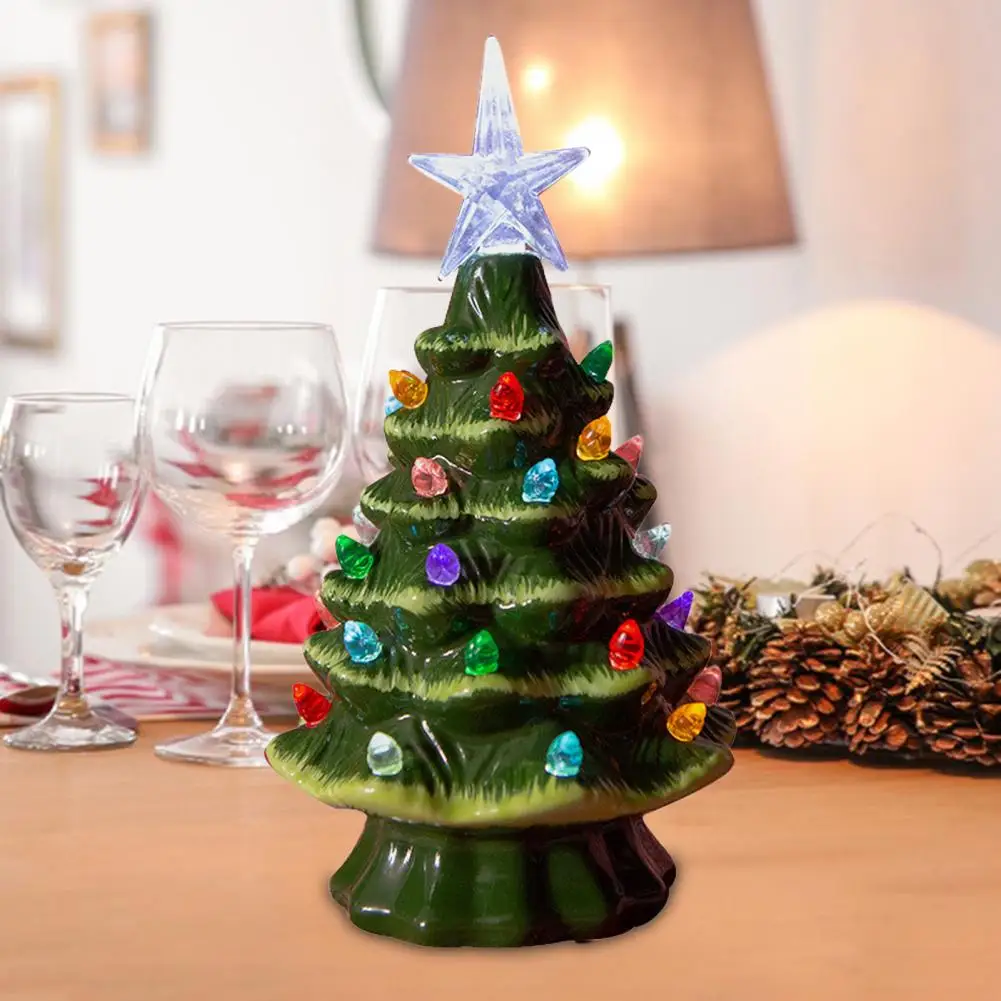 Mini Ceramic Christmas Tree Figurine Colorful LED Light-up Xmas Tree Statue Sculpture Home Office Desktop Ornament Decoration