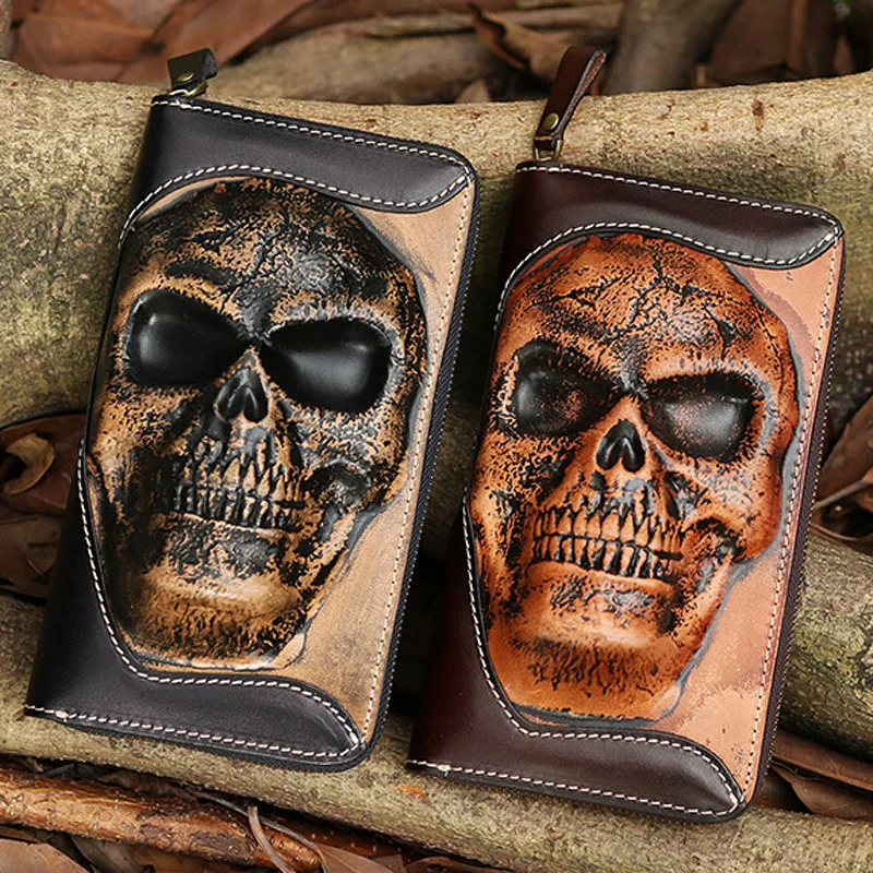 

Men's Wallets Punk Cowhide Skull Ghost Head Men's Zipper Wallet Cowhide Leather Long Multi-functional Personalized Clutch Bag