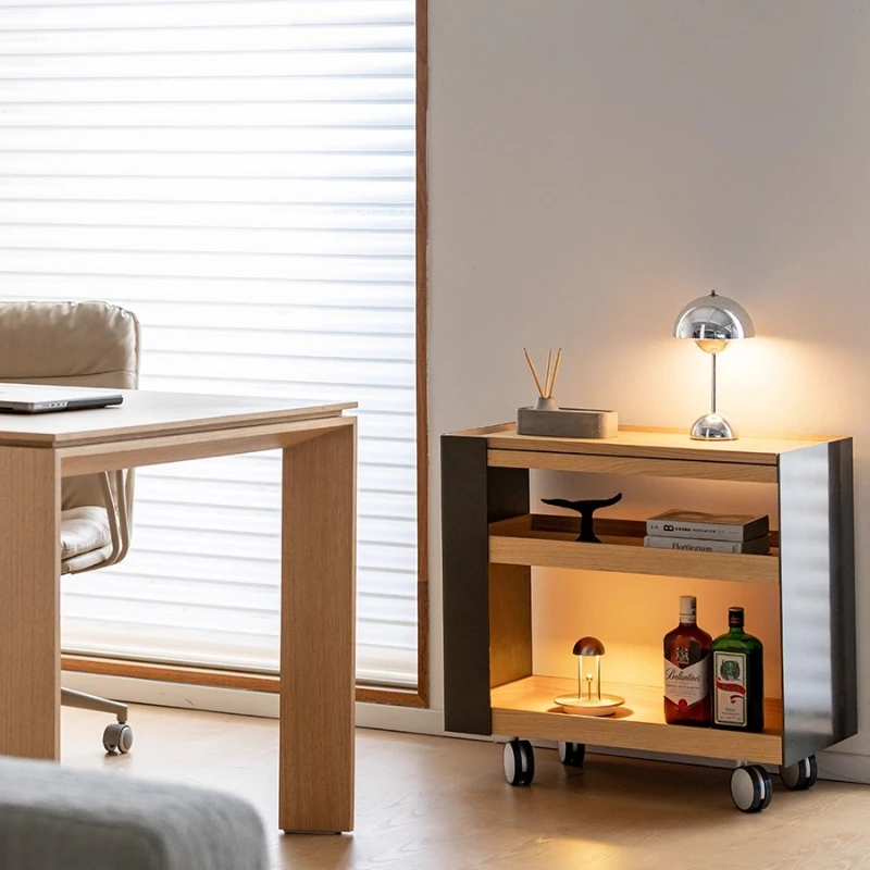 

Nordic sofa side cabinet movable trolley Japanese solid wood edge few contrasting color side storage cabinet