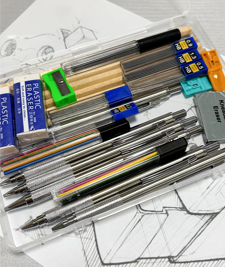 Tragbares Druckbleistift-Set mit Spitzer, Farbstiftminen zum Schreiben, Skizzieren, Kunst, Zeichnen, Malen, Schreibwaren-Set – Detail 6