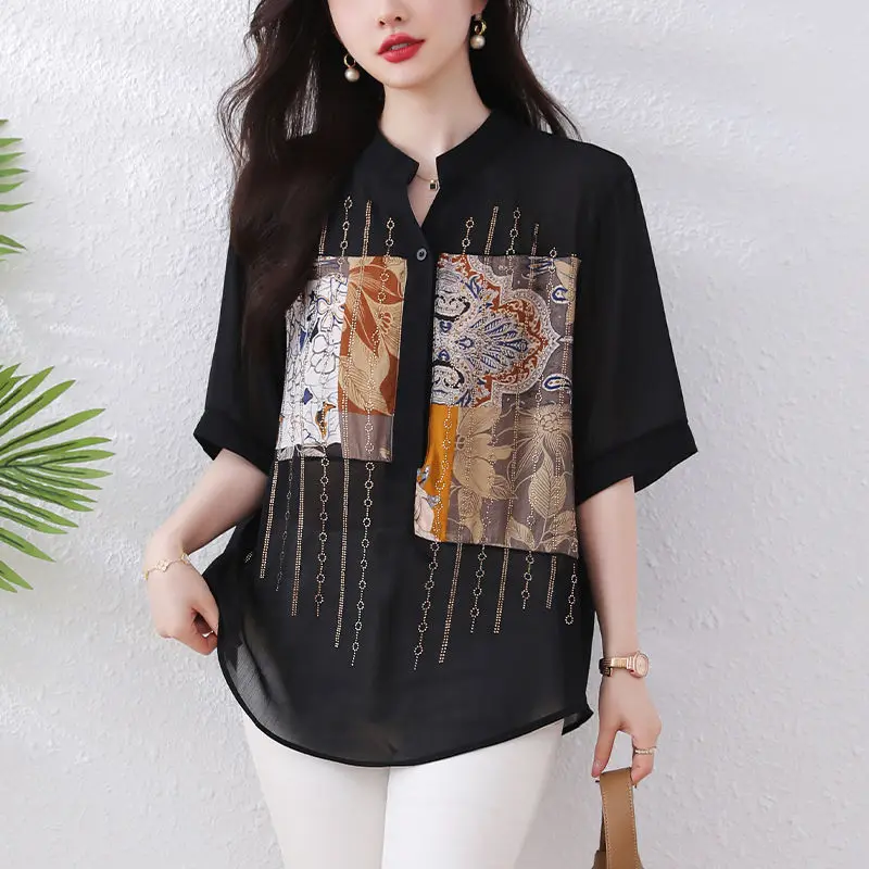 Summer Women\'s Pullover Round Neck Asymmetrical Bright Silk Button Chiffon Printed Geometric Pattern Casual Loose Elegant Tops