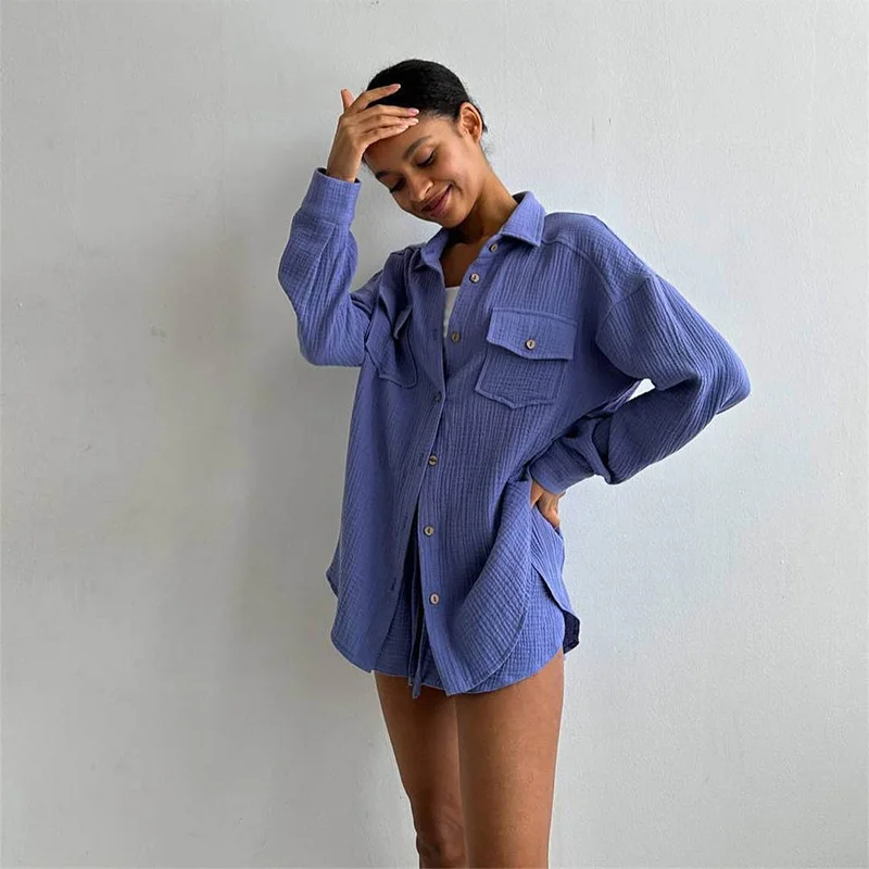 Cotton Two Piece Shorts Sets Summer Clothes Women Shirts Turn Down Collar Pockets Long Sleeve Tops Casual Outfit High Waist Suit