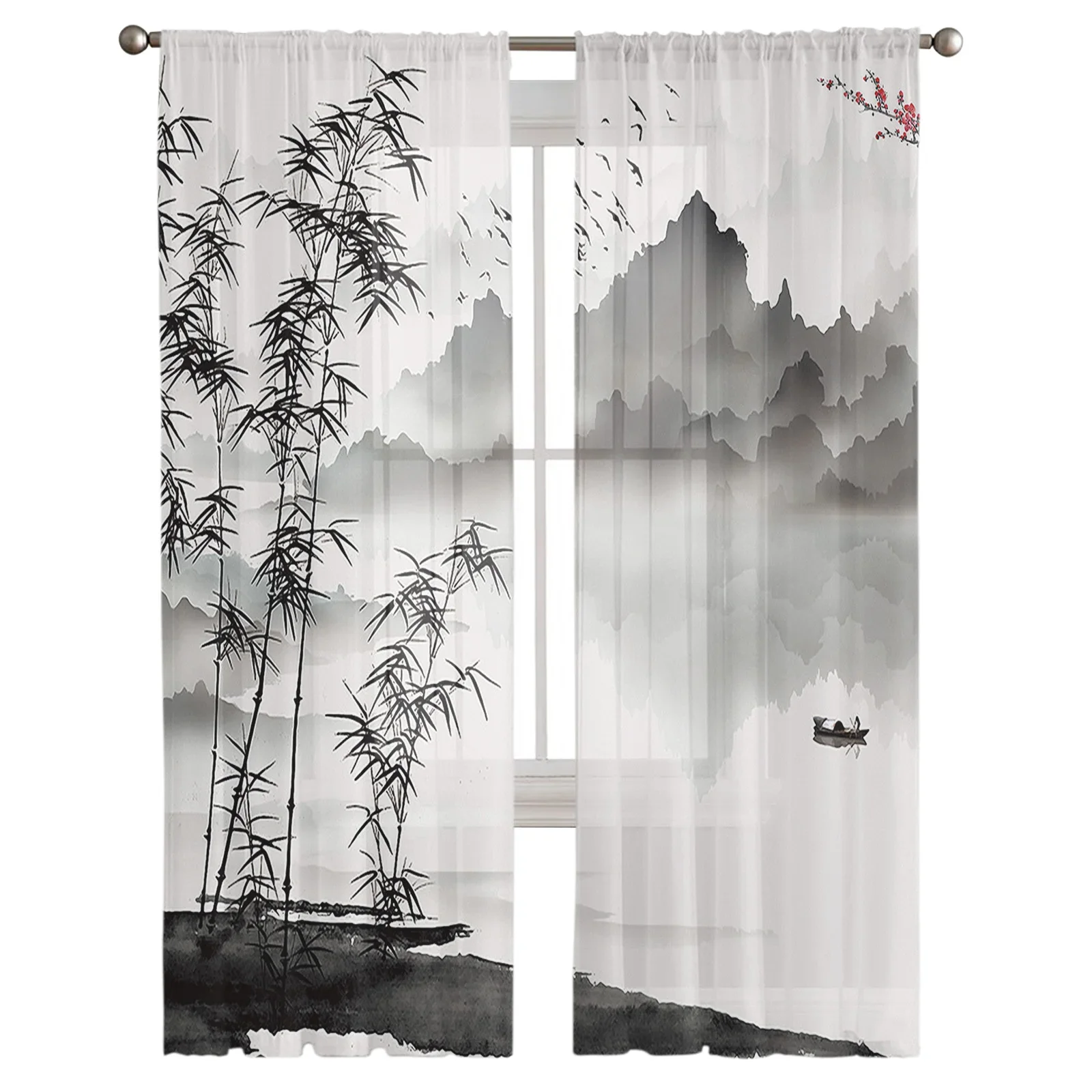 Chinese Ink Landscape Painting Bamboo Sheer Voile Curtains for Bedroom Living Room Kitchen Decor Chiffon Tulle Windows Curtain