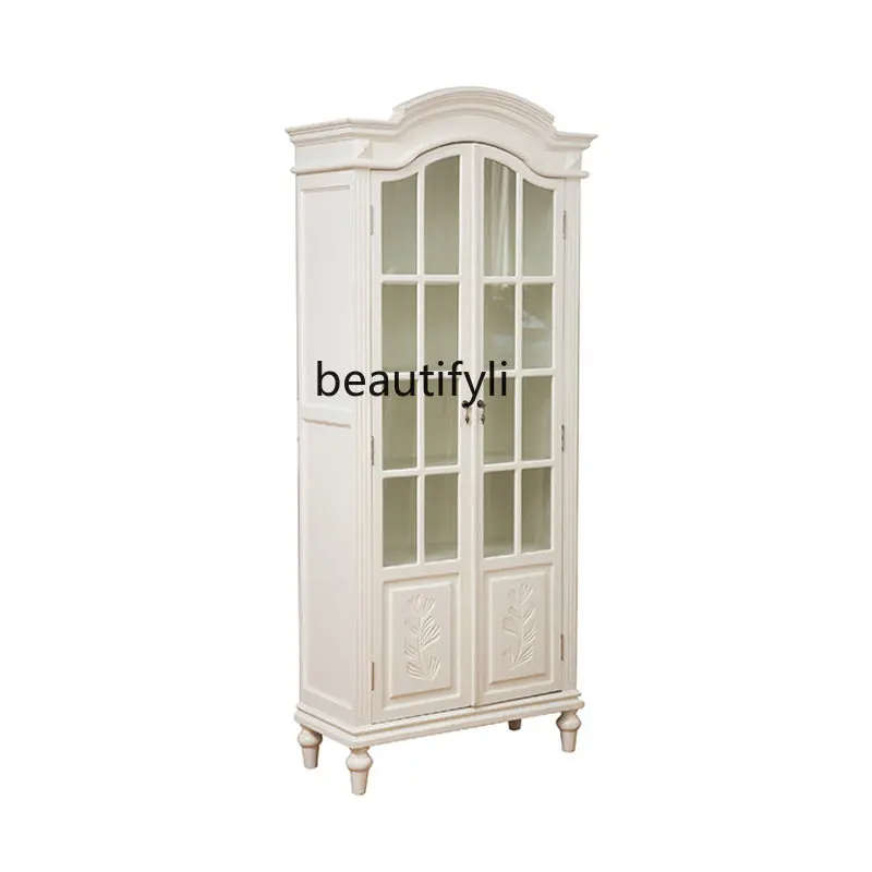 

zq European Style French Style White Living Room Study Bookcase Cupboard Dish Cup Storage Display Cabinet