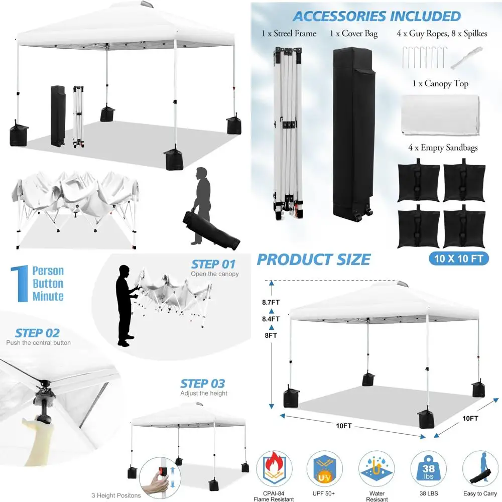 

Мгновенная всплывающая палатка с навесом 10x10 футов — установка с 1 кнопкой, портативное укрытие, регулируемая высота, роликовая сумка, 4 грузы в комплекте, открытый