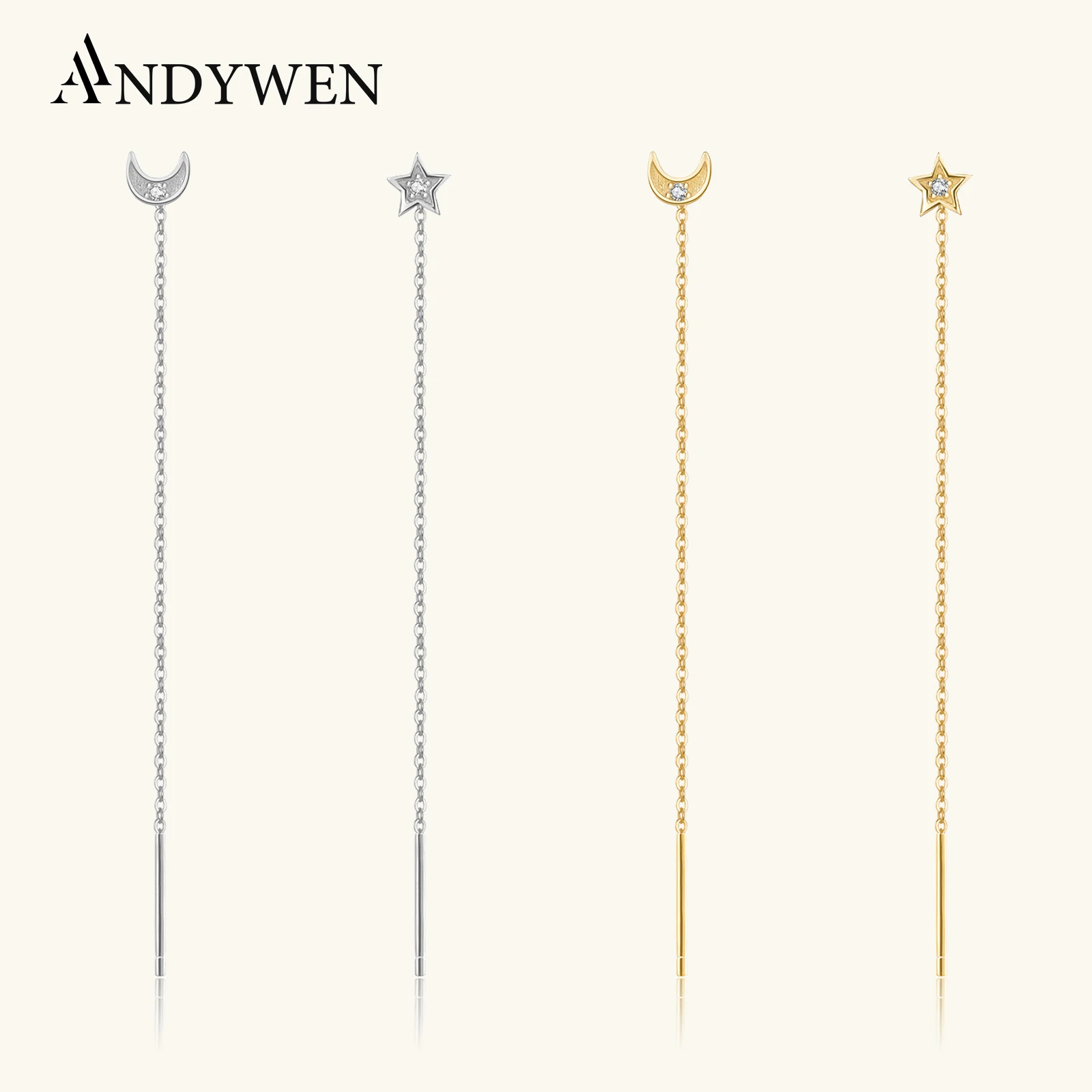 ANDYWEN 925 Sterling Silver Gold Moon Star Charm Drop Earring Chain Women Wedding Luxury Fine Jewelry Clips Pendientes