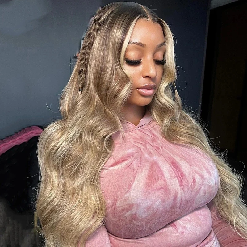 Ombre highlight Ash Blonde Body Wave transparan 13X6 Wig Frontal renda Wig rambut manusia preplack untuk wanita Wig depan renda penuh