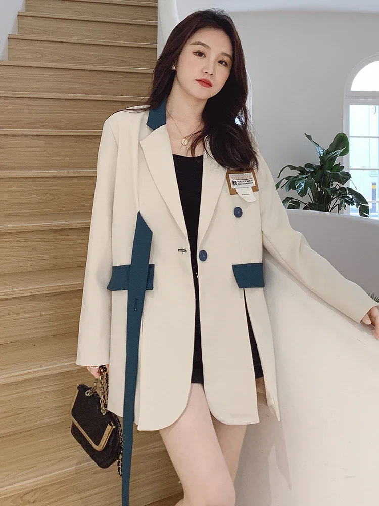 Women White Gothic Blazer Elegant Vintage 90s Fashion Coat with Belt Y2k Suit Jacket Harajuku Long Sleeve Outwear 2000s Clothes