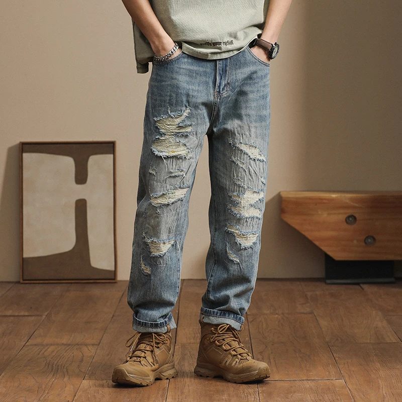 

European and American loose Harem pants spring and summer distressed patches casual and versatile ripped baggy jeans for men