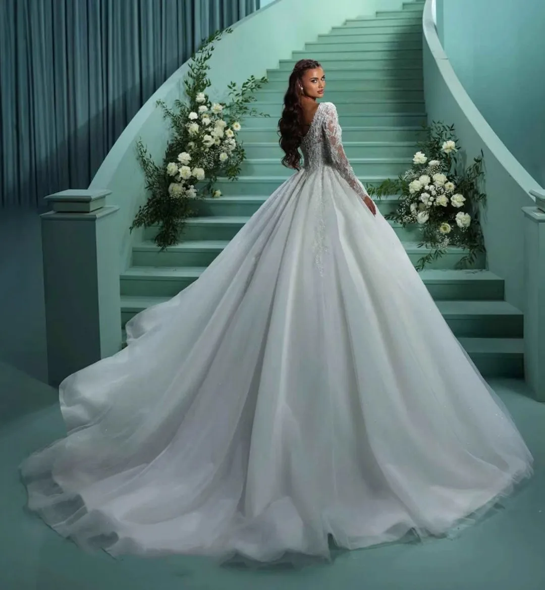Exquisite Hochzeit Kleid Schatz Lange Ärmel Prinzessin Ball Gow Lace Up Pailletten Kirche Braut Brautkleider Arabisch Vestido De No