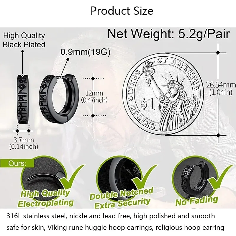 2pcs Stainless Steel Norwegian Viking Rune Hoop Earrings for Men Woman, 12mm Huggie Hoop Religious Earring Piercing Jewelry