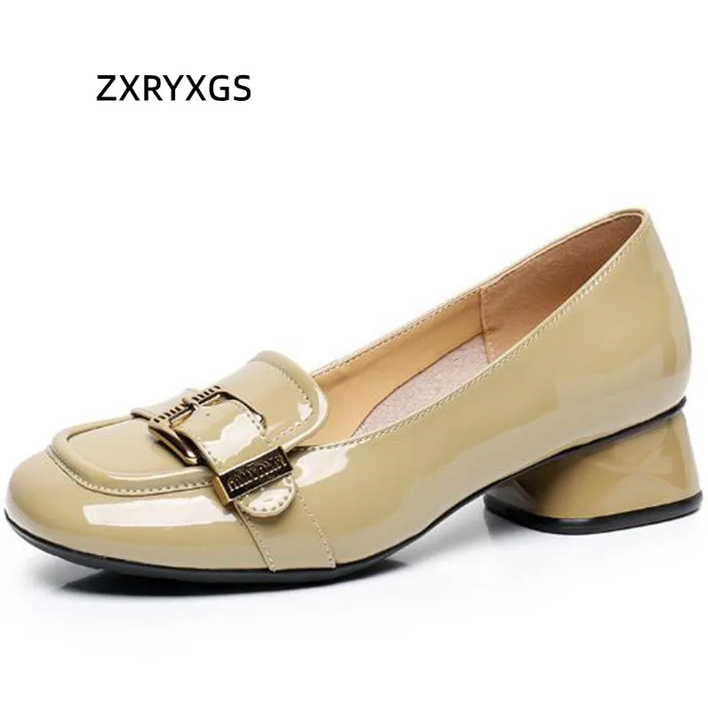 

ZXRYXGS 2023 Large Size Premium Cowhide Patent Leather Shoes Square Toe Temperament Single Shoes Comfortable Women Mid Heel Shoe