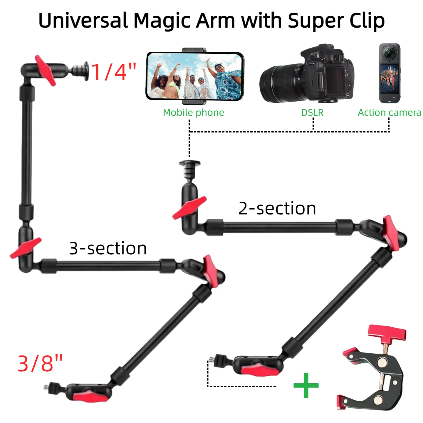 22/30inch Camera Magic Arm with Super Clip Bracket for Smartphone Camcorder Action Camera Clamp Mount Tablet Webcam Studio Kits