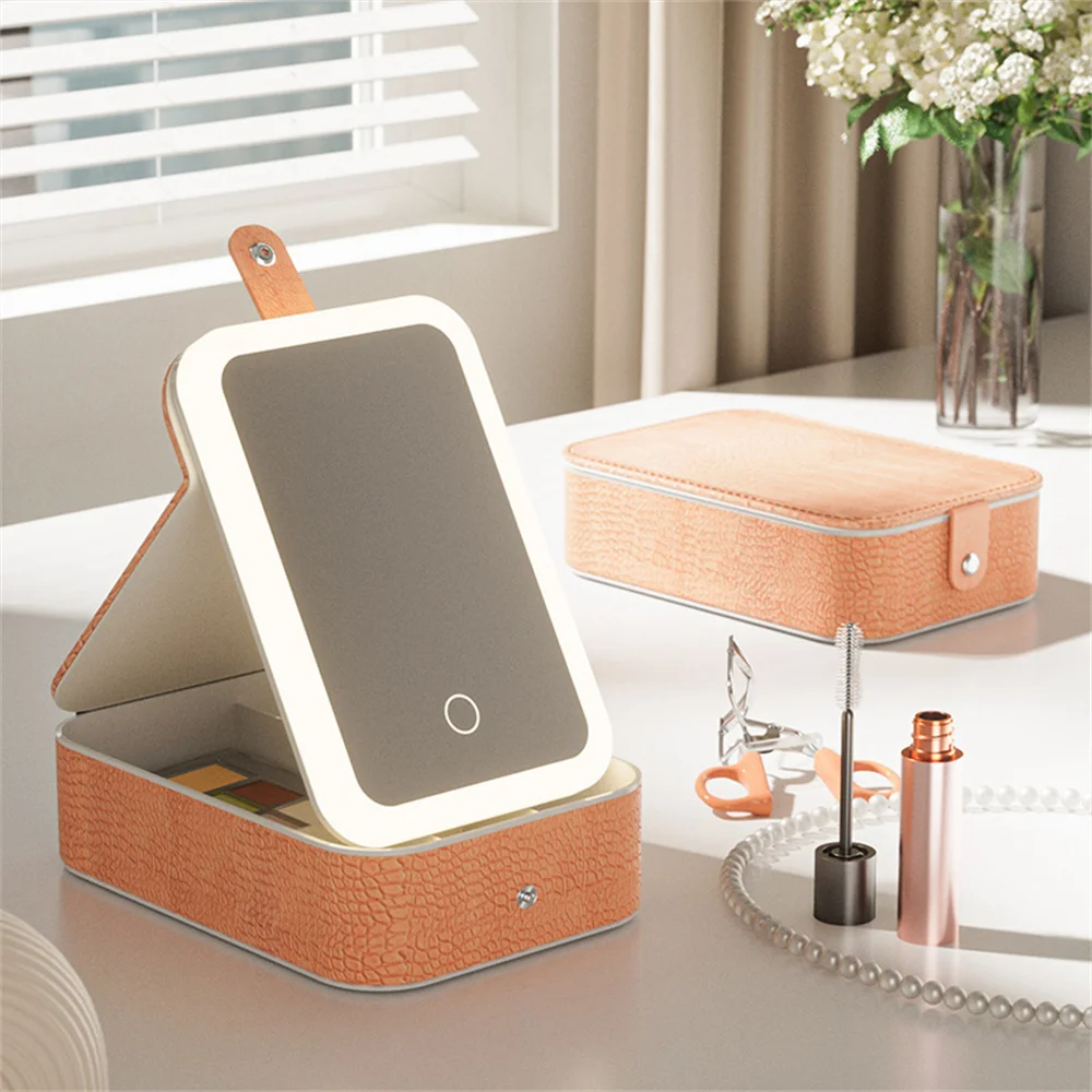 Makeup Storage Box With Led Light Mirror Portable Travel Makeup Cosmetics Jewelry Storage Box Touch Light Storage Organizer