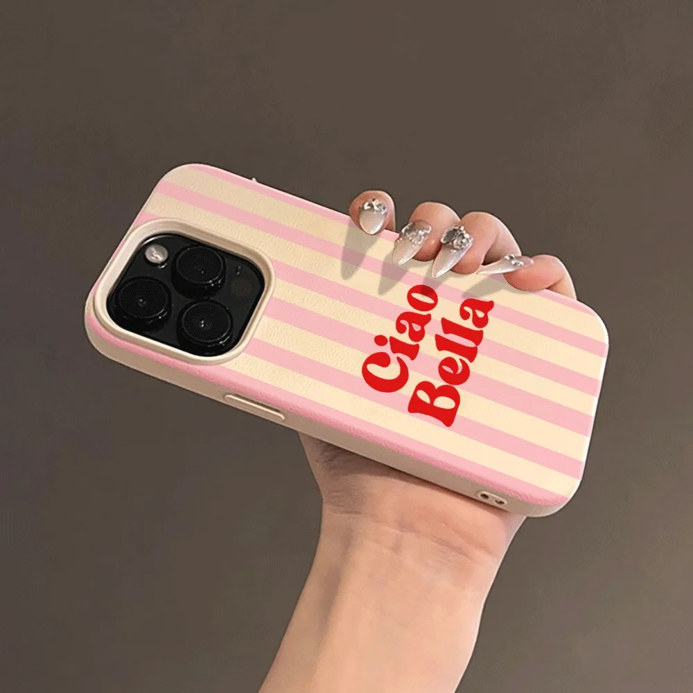 Ins Style Ciao Bella Rosa Gestreifte Handyhülle für iPhone 17 16 15 14 13 12 11 Pro Max Plus X XR Silikon Matt Stoßfeste Hülle – Detail 5