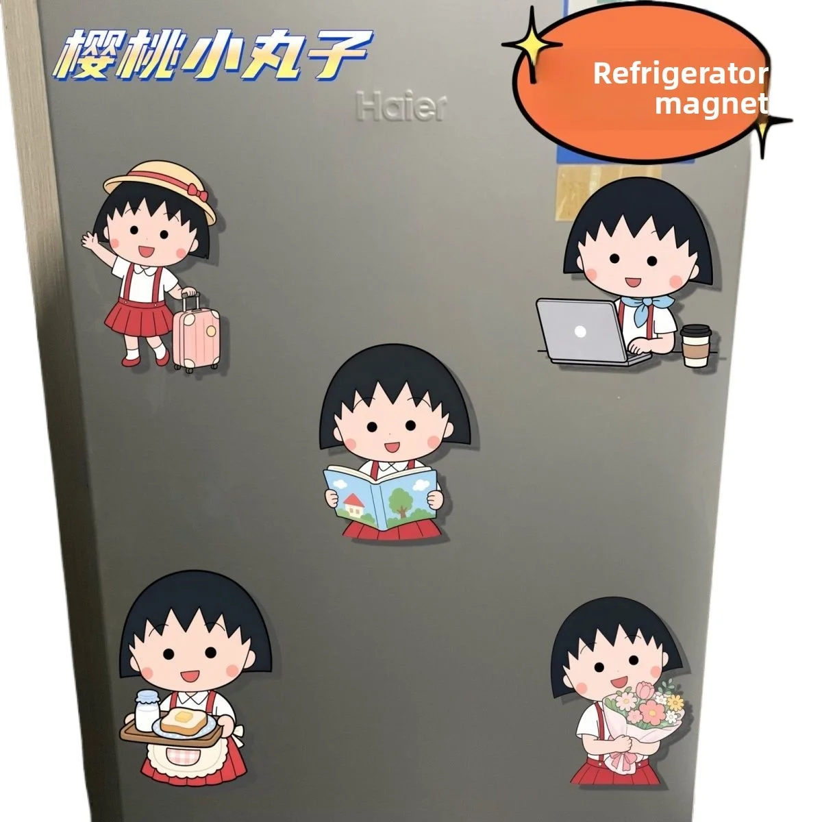 Ímã de geladeira Chibi Maruko-chan, adesivo magnético de acrílico com desenho de anime, decoração para casa, cozinha e geladeira, presente.