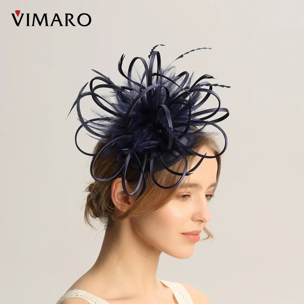 VIMARO Deep Blue Feather Fascinators for Women Elegant Headbands Fascinator Hats for Women Wedding and Church Derby Hat Women