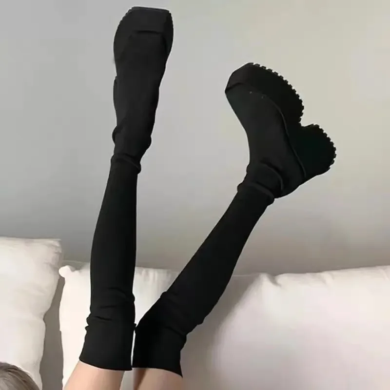 Women\'s Over The Knee Sock Boots 2023 Winter New Fashion Stretch Thick Heels Knitted Long Boots Women Slip on Platform Shoes