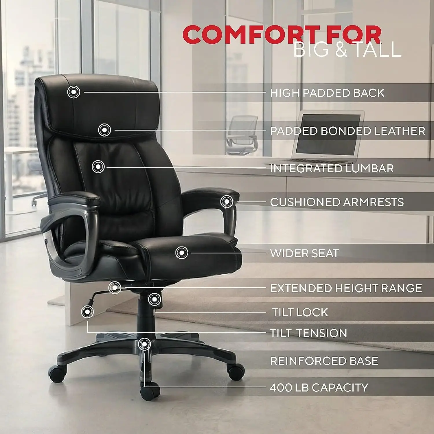Lockland Ergonomic Managers Office Chair, Big & Tall Cushioned, Adjustable Height, Metal Frame, Bonded Leather, for Workspace