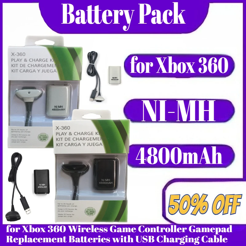 

Rechargeable Battery Pack for Xbox 360 Wireless Game Controller Gamepad Replacement Batteries with USB Charging Cable 4800mAh