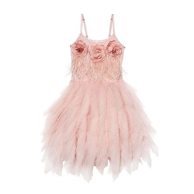 

Flower Girl Fluffy Dresses for Wedding Lace Tulle Layered Feather Elegant Child Birthday Party First Communion Gauze Gown 2-9Yrs