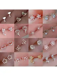 Silver-plate Simple Ear Piercing Jewelry Silver Color Plant Flower Clover Zircon Stud Earrings for Woman Girl Teen Jewelry Gift