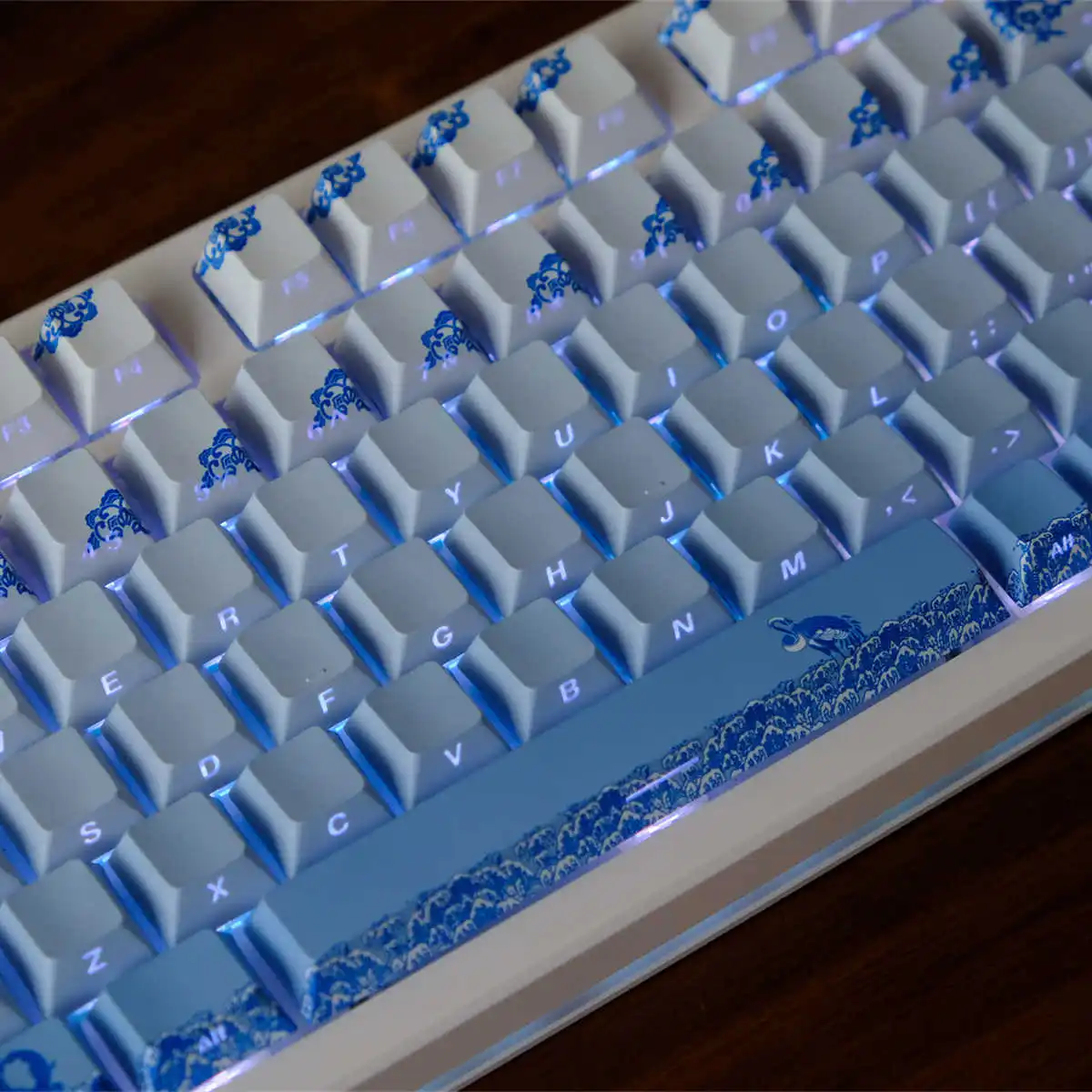 Blue and White Porcelain Side Print RGB Backlit Keycap 5 Side Dye Sub PBT Keycaps Cherry Profile for MX Switches Gaming Keyboard