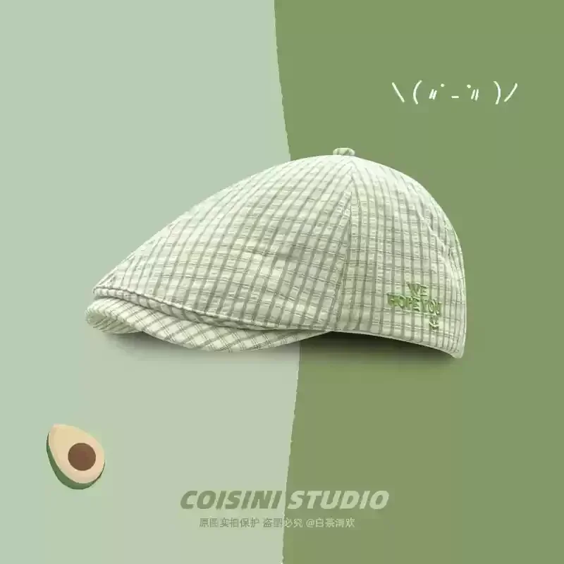 Mori Fresh Green Plaid Berets Cap for Women Spring and Summer Thin Casual Versatile Literary Letter Embroidery Painter Hats