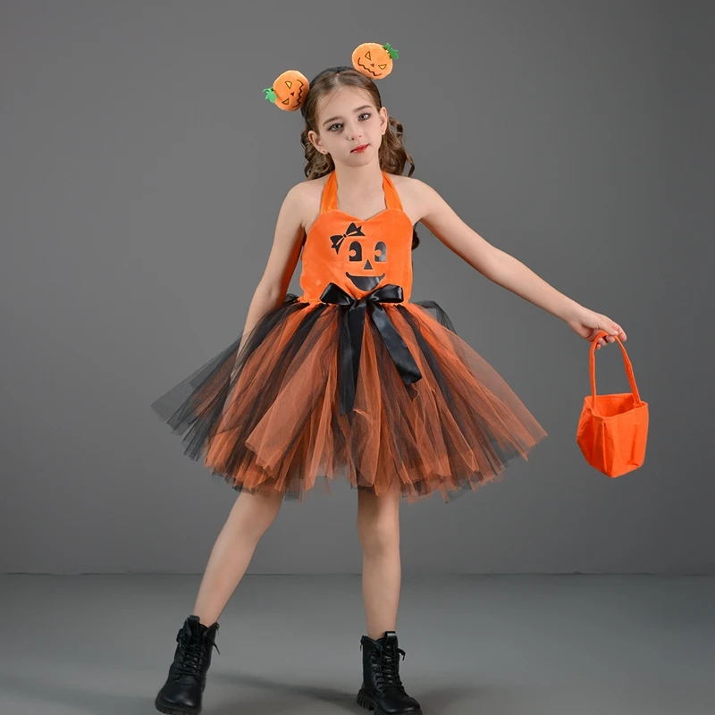 Baby Girls Halloween Pumpkin Costume Cute Sleeveless Tulle Dress Headband Bag Set Holiday Cosplay Outfits