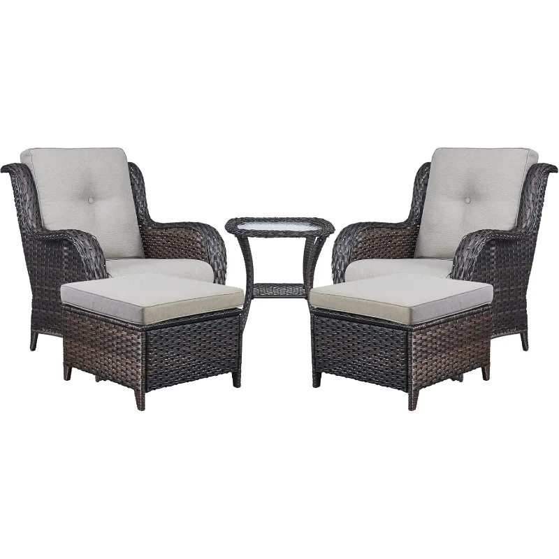 

Wicker Patio Furniture Set - 5 Piece Rattan Outdoor Sectional Conversation Set with 2 Chairs, 2 Ottomans and 1 Side Table