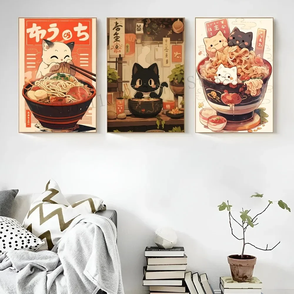 Frameless,Stillness Stories  less 1pc Hot Style Kawaii Japanese Ramen Animal Cat Poster HD Posters Home Room Bar Cafe Decor Art