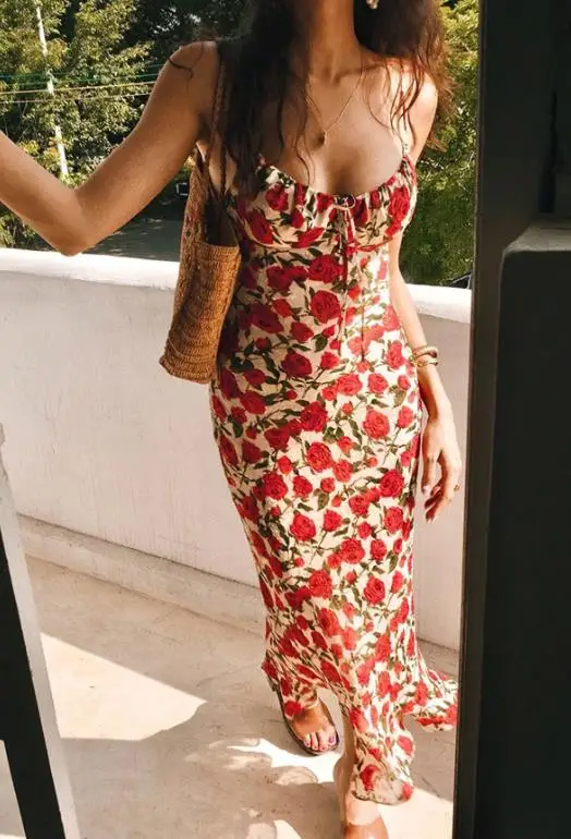 

Women Dresses 2026 Spring Summer New Fashion Retro Floral Print V-Neck Sleeveless Slim Fit Casual Beach Vacation Long Dress
