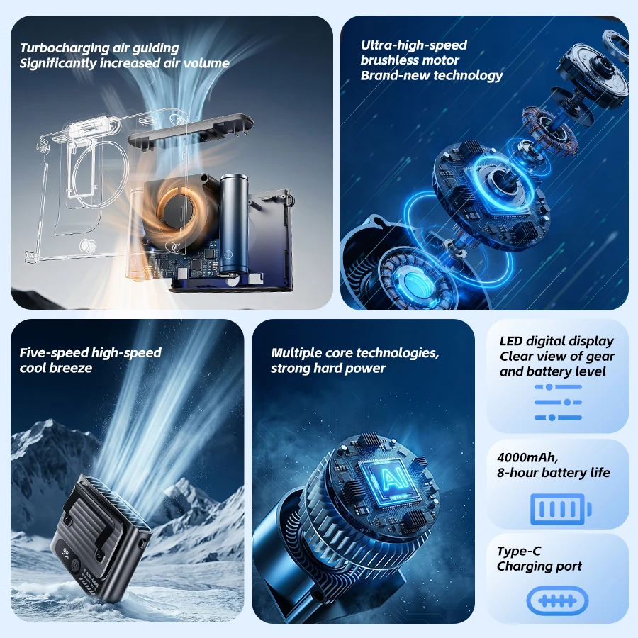 Multi-functional Ultra-slim Waist Hanging Fan 4000mAh USB Outdoor Rechargeable Fan 5 Speed Mini Cooling Fan with Digital Display