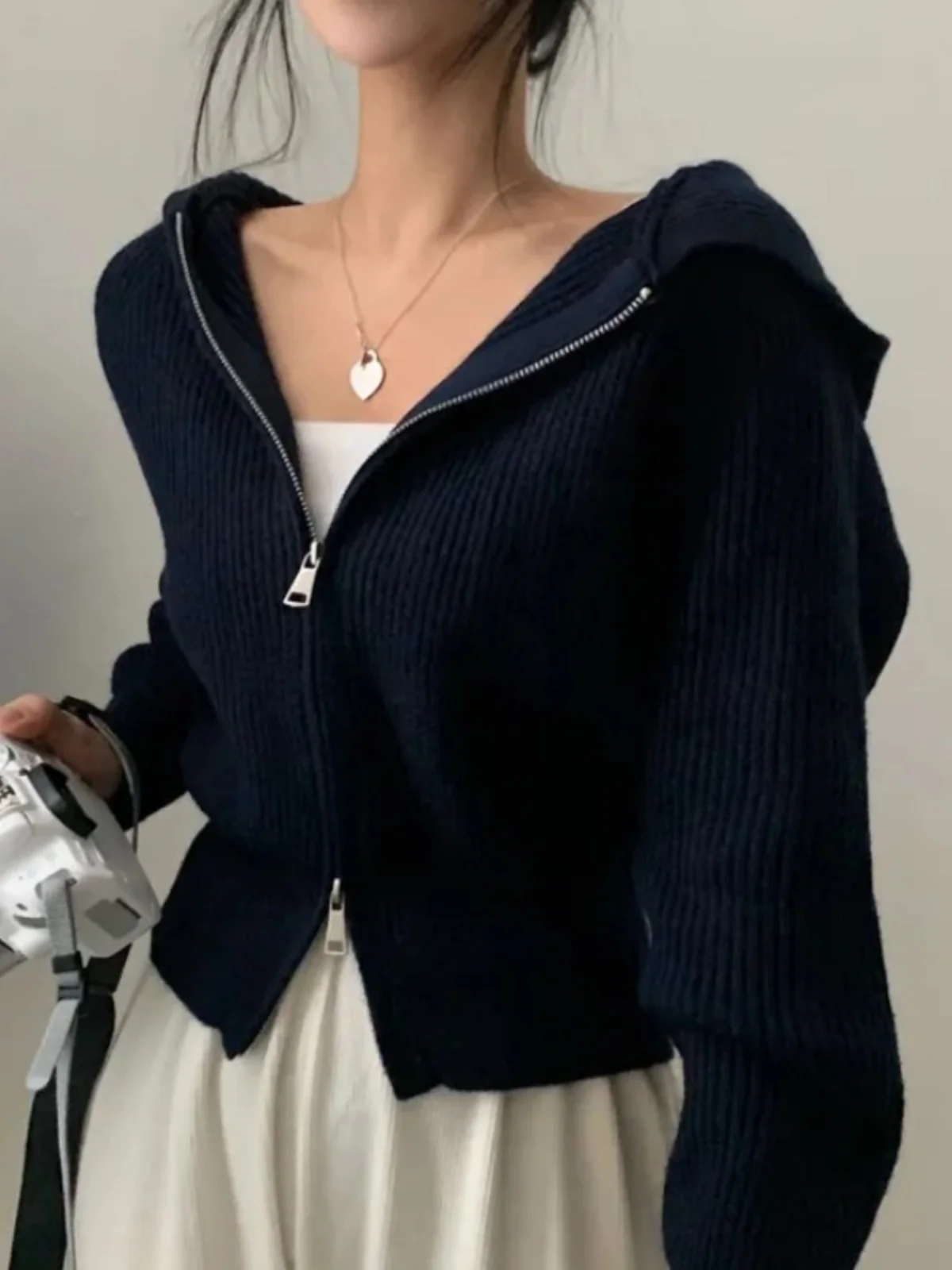 

Chic Autumn Anti-Aging Design Double Zipper Hooded Knitted ort Cardigan Slim Fit Sweater Jaet Commute Sle Regular Sve