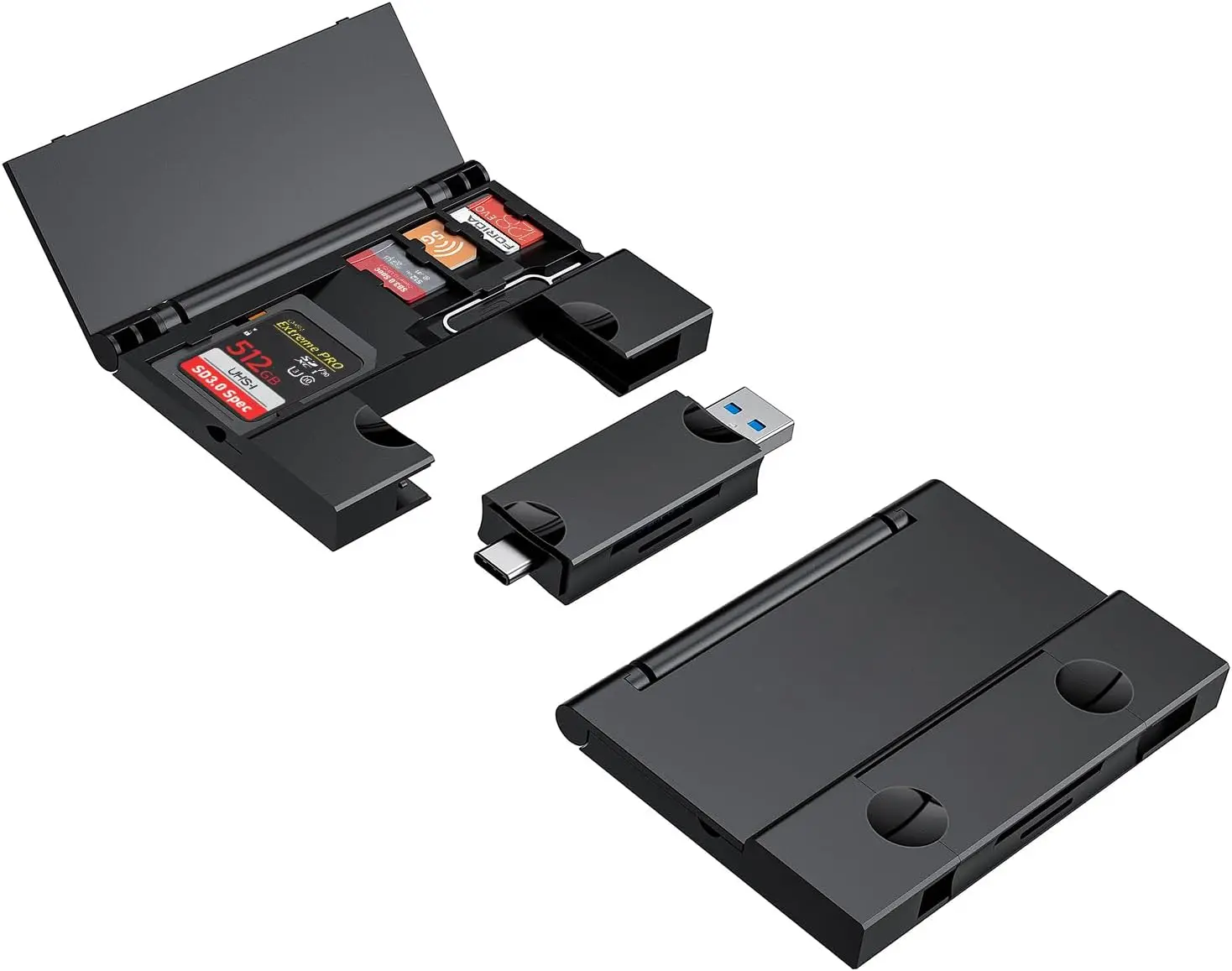 

Многофункциональный USB3.0 картридер-органайзер для ноутбуков Type-C, iPhone, карт SD/TF/SIM, высокоскоростная передача данных, черный