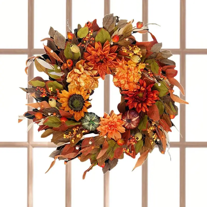 Christmas Autumn Wreaths 16.5Inches Christmas Wreath Fall Pumpkin Door Wreath Farmhouse Maple Garland Decoration Harvest