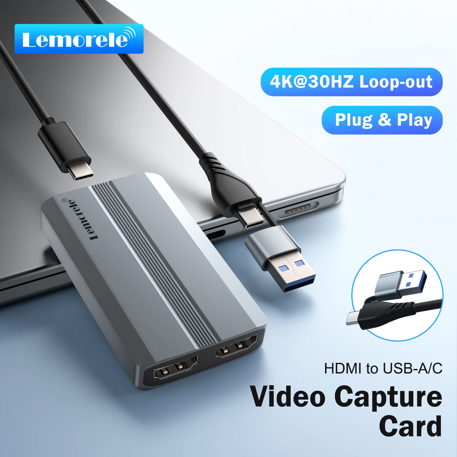 Lemorele 4K Video Capture Card HDMI-Compatible to USB A/Type-C Video Recorder for Game Recording Live Streaming Grabber for PS4