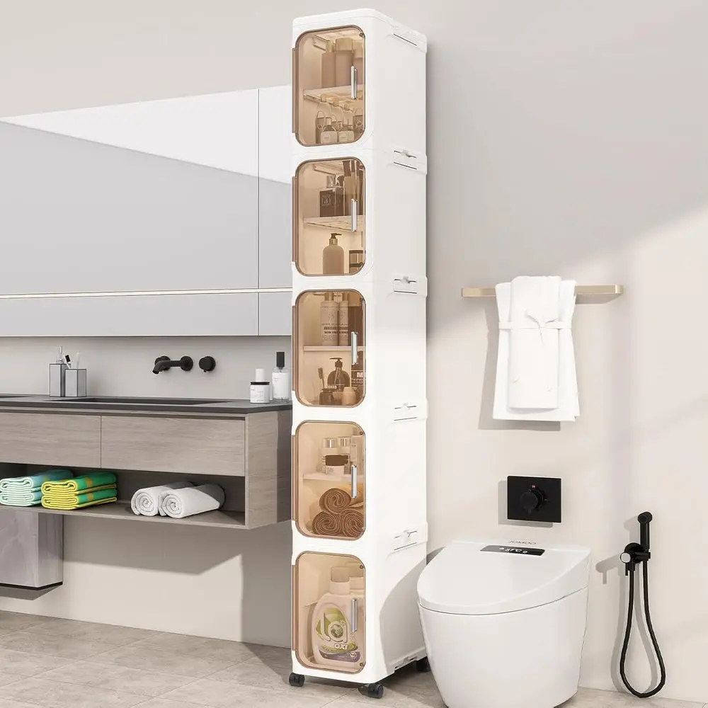 

Узкий шкаф для хранения в ванной, мобильный органайзер для небольших помещений, кремово-белый