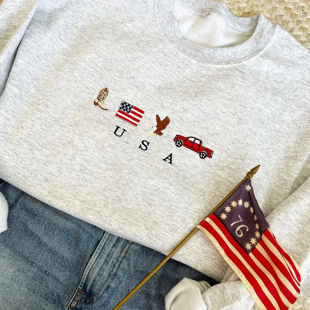 USA Embroidered Icons Crewneck Sweatshirts Unisex Men Women Autumn Long Sleeve Thick Fleece Pullover Vintage Style Sweatshirt